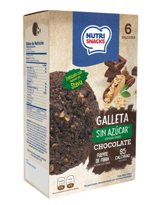 Galletas Nutrisnacks de Chocolate sin azúcar agregado endulzado con stevia, fuente de fibra y con solo 95 calorías