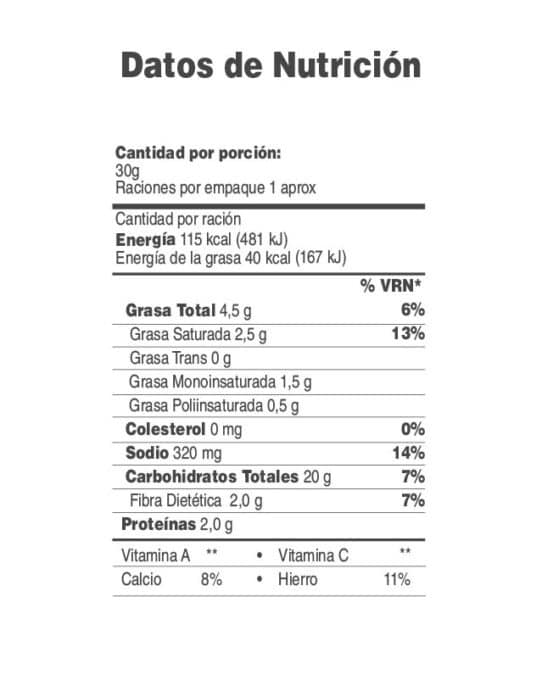 Tabla nutricional palitos lite Nutrisnacks