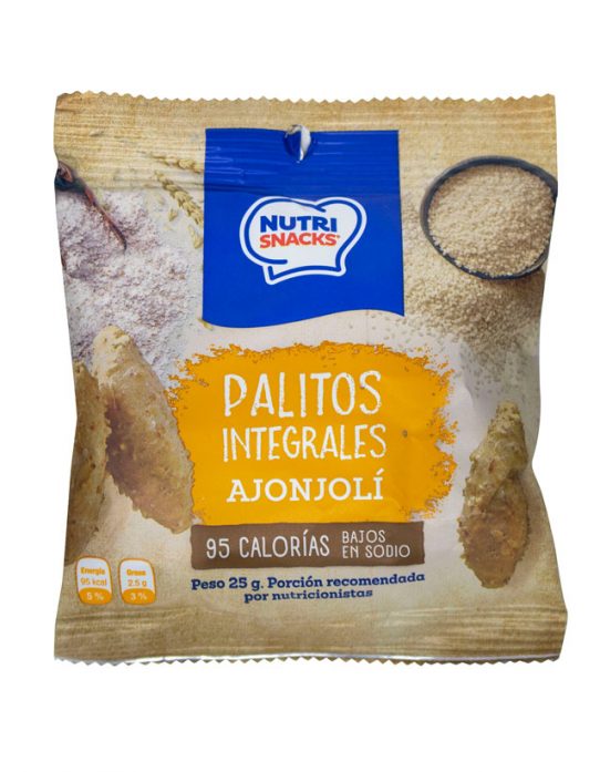 Palitos integrales con ajonjolí Nutrisnacks, con 95 calorías y bajos en sodio
