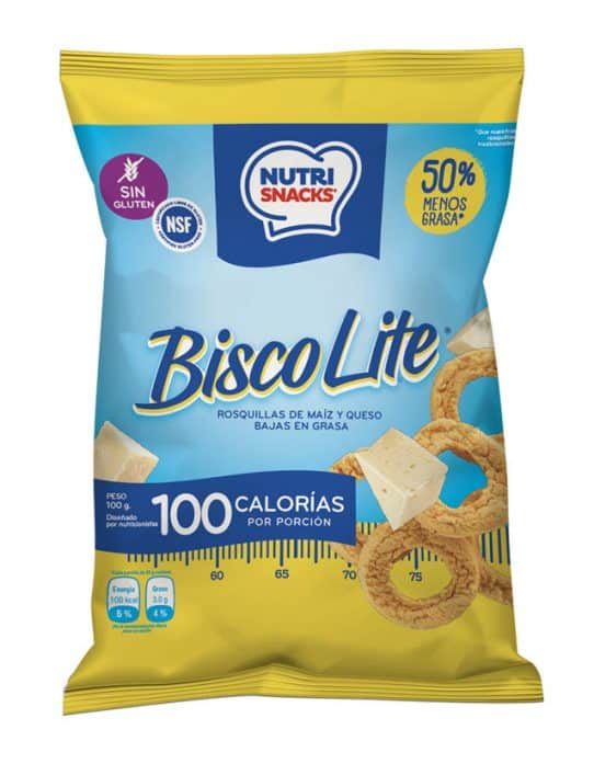 empaque 100g de biscolite Nutrisnacks rosquillas de maíz y queso bajas en grasa y certificadas libres de gluten