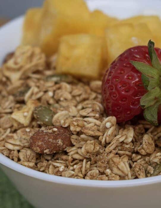 bowl de granola exótica Nutrisnacks servida con frutas