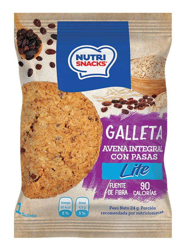Galleta avena integral con pasas lite Nutrisnacks, fuente de fibra, 90 calorías