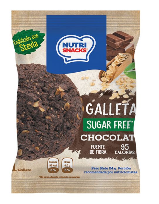 Galletas Nutrisnacks de Chocolate sin azúcar agregado endulzado con stevia, fuente de fibra y con solo 95 calorías