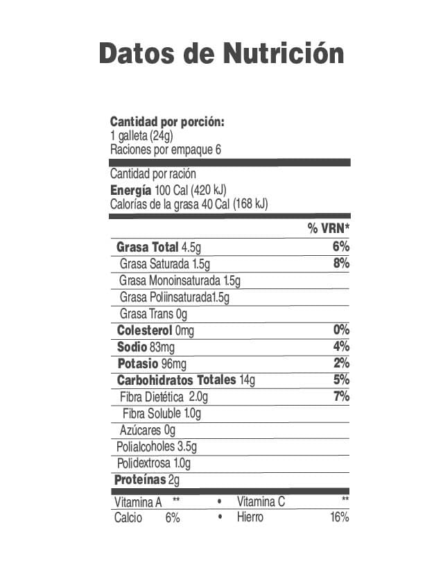 Tabla nutricional galleta choco macadamia sugar free